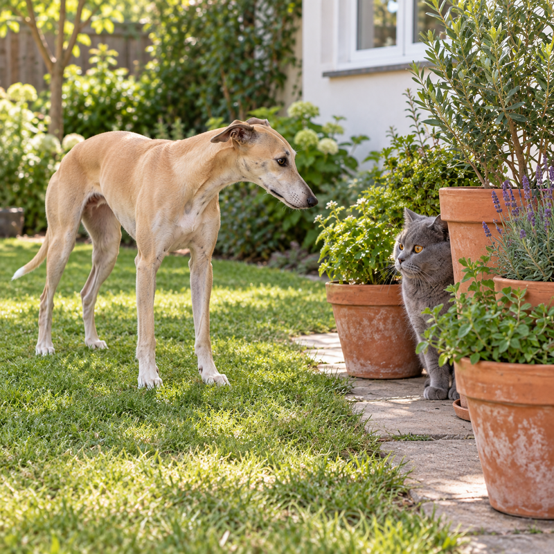 Perro whippet y gato british shorthair conviviendo en una galería luminosa