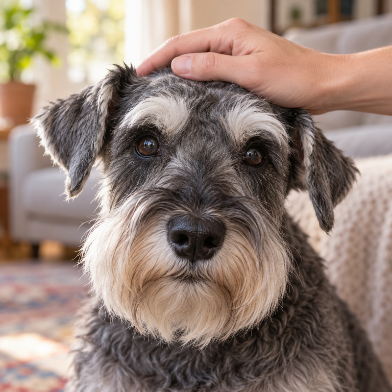 Primer plano de un perro schnauzer sénior mirando a cámara mientras una mano le acaricia la cabeza