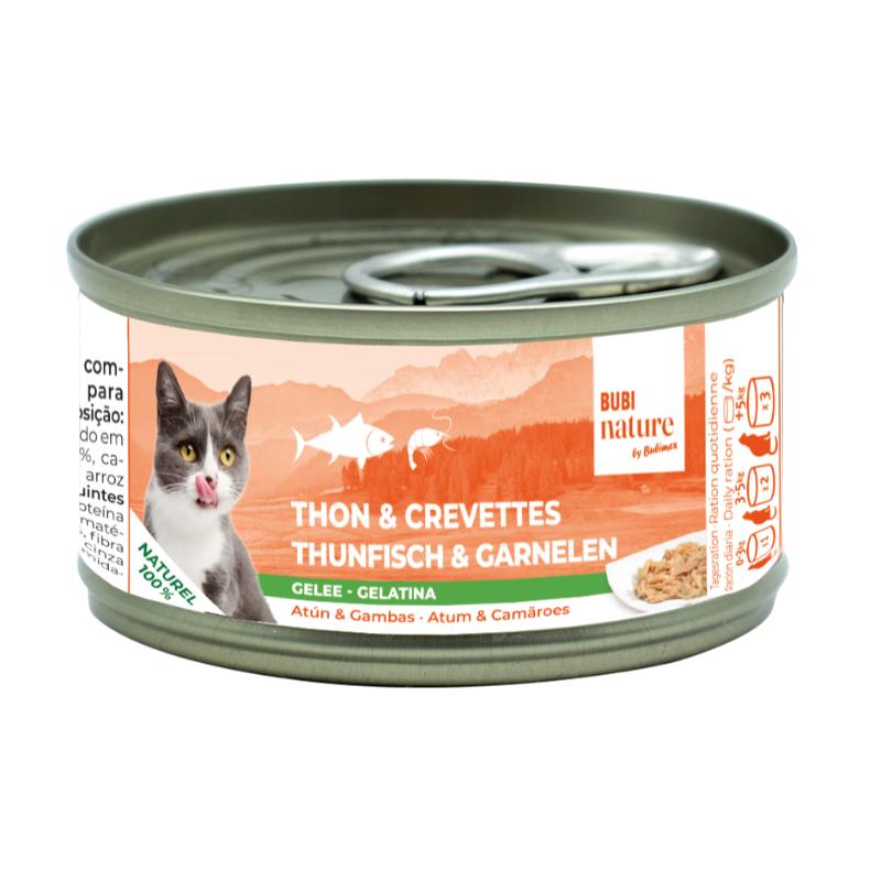 Bubimex Bubi Nature Atún y Gambas en Gelatina 70 g sobre fondo blanco