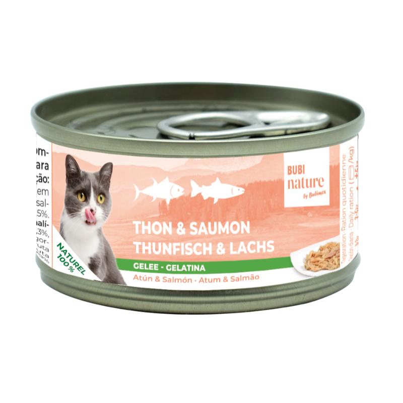 Bubimex Bubi Nature Atún y Salmón en Gelatina 70 g sobre fondo blanco