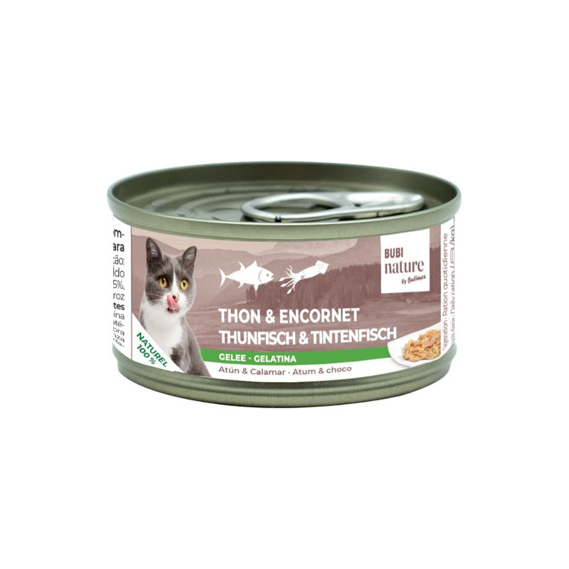Bubimex Bubi Nature Atún y Calamar en Gelatina 70 g sobre fondo blanco Imatge principal del producte