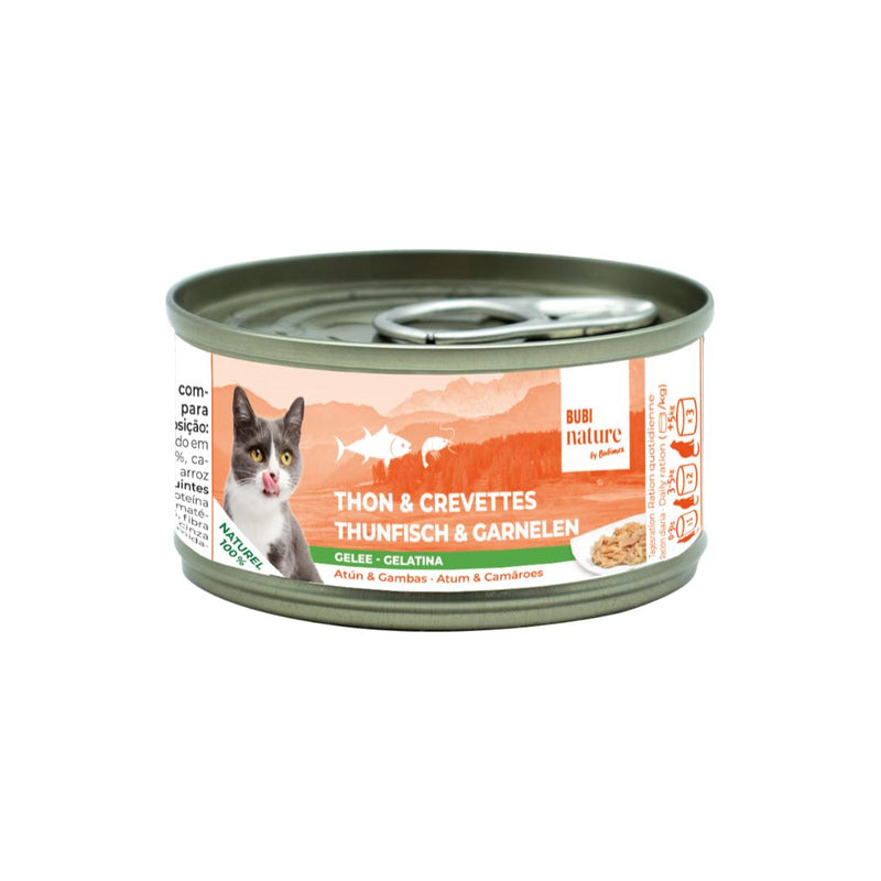 Bubimex Bubi Nature Atún y Gambas en Gelatina 70 g sobre fondo blanco Imatge principal del producte