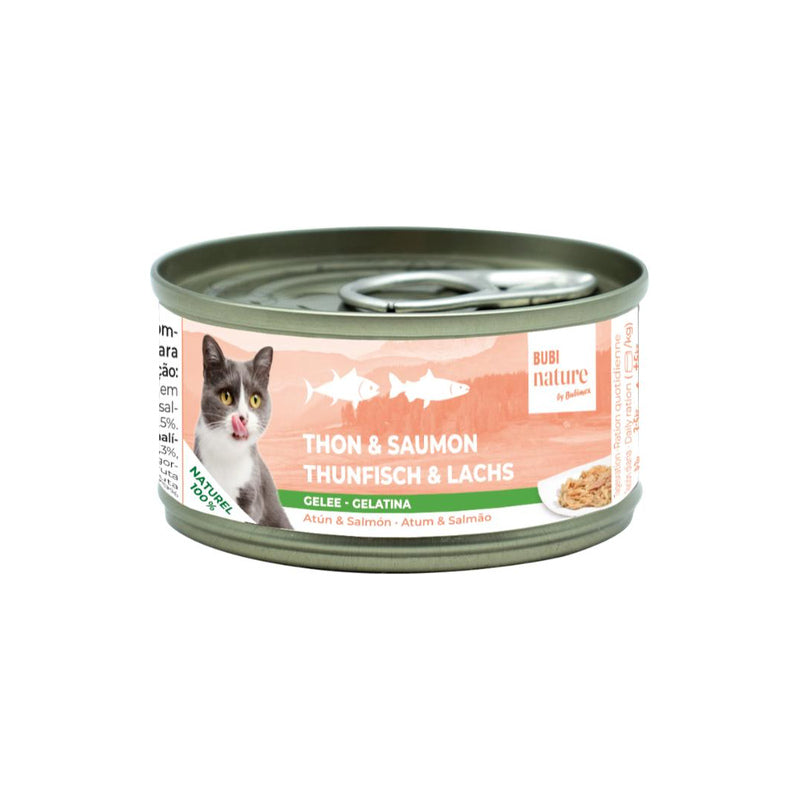 Bubimex Bubi Nature Atún y Salmón en Gelatina 70 g sobre fondo blanco Imatge principal del producte