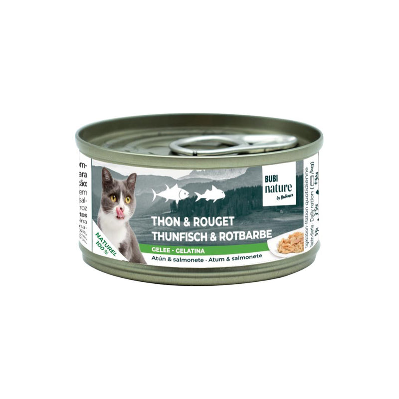 Bubimex Bubi Nature Atún y Salmonete en Gelatina 70 g sobre fondo blanco Imatge principal del producte