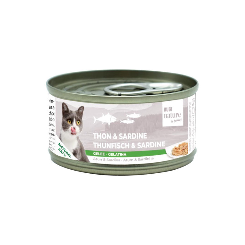 Bubimex Bubi Nature Atún y Sardinas en Gelatina 70 g sobre fondo blanco Imatge principal del producte