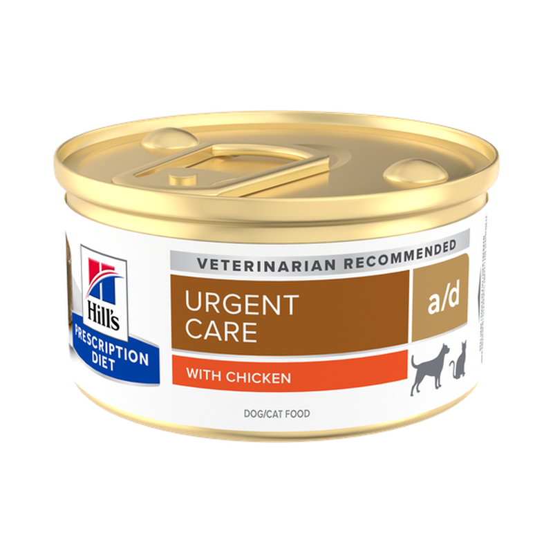 Hill's Prescription Diet a/d Mousse de pollo 85 g: lata completa sobre fondo blanco