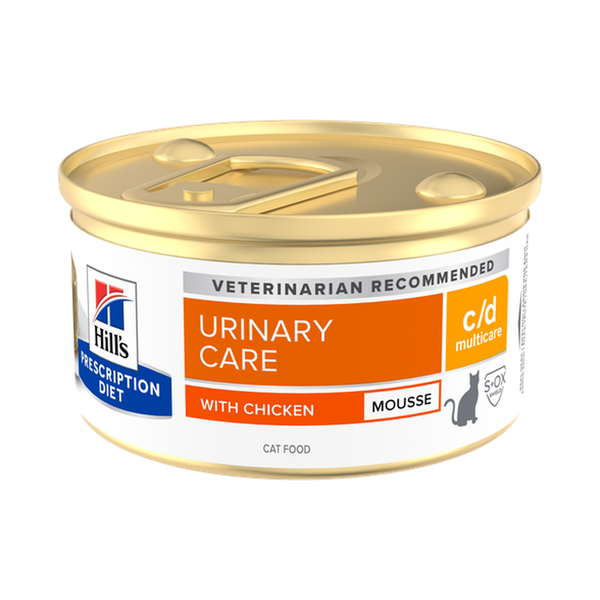 Hill's Prescription Diet c/d Multicare Mousse de pollo 85 g: lata completa sobre fondo blanco