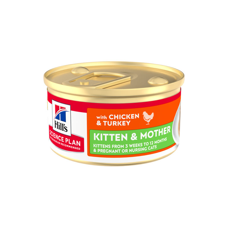 Hill's Science Plan Kitten & Mother mousse de pollo y pavo pack 12 x 85 g sobre fondo blanco