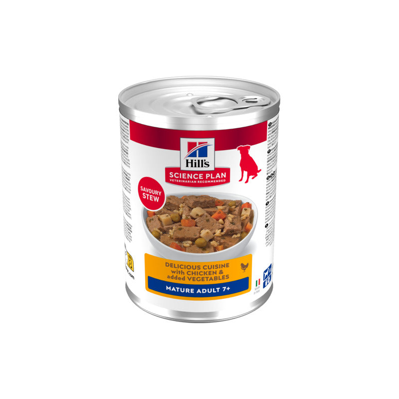 Hill's Science Plan Mature Adult 7+ estofado de pollo y verduras pack 12 x 363 g sobre fondo blanco Imagen principal del producto