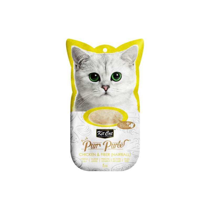 Kit Cat PurrPuree Hairball Control pollo y fibra snack cremoso para gatos 4 × 15 g