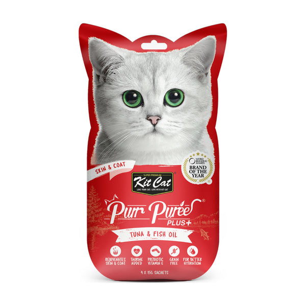 Kit Cat PurrPuree Plus Skin & Coat atún snack cremoso para gatos 4 × 15 g
