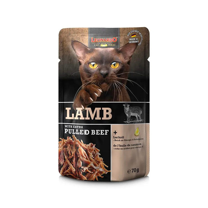 Leonardo Pulled Beef con cordero Pouch para gatos