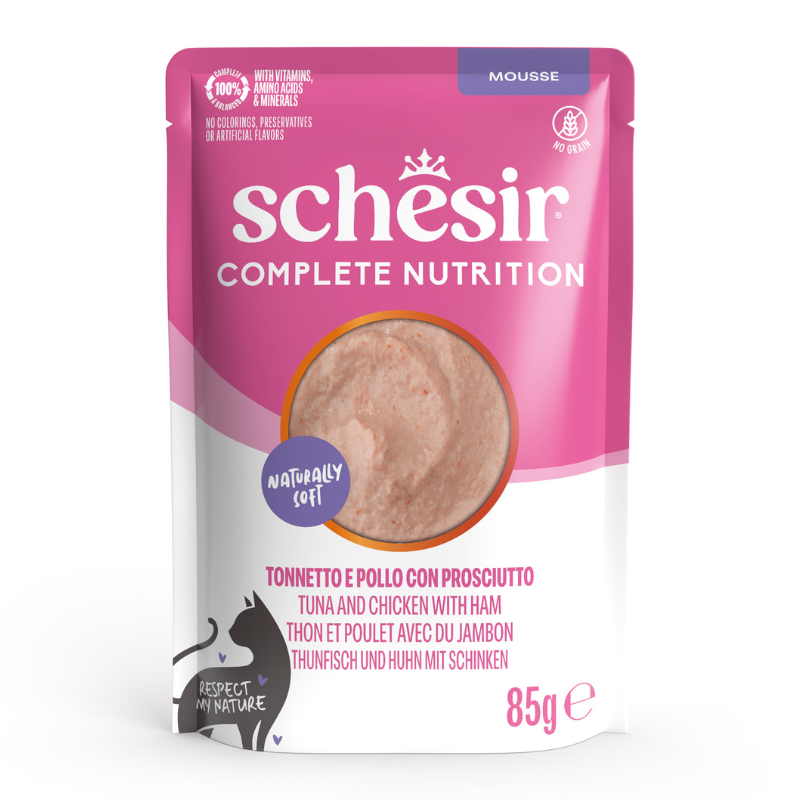 Schesir Complete Nutrition Mousse de Atún, Pollo y Jamón 85 g Imagen principal del producto